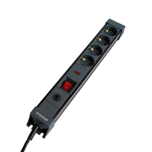 Сетевой фильтр 4-местный с/з STEKKER 3x1мм2, 5 м, 250В, 16А, серия Techno, HM22-41-05, черный