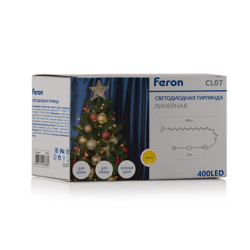 Светодиодная гирлянда Feron CL07 линейная, статичная, 40м + 3м 230V желтый c питанием от сети, зеленый шнур фото 2