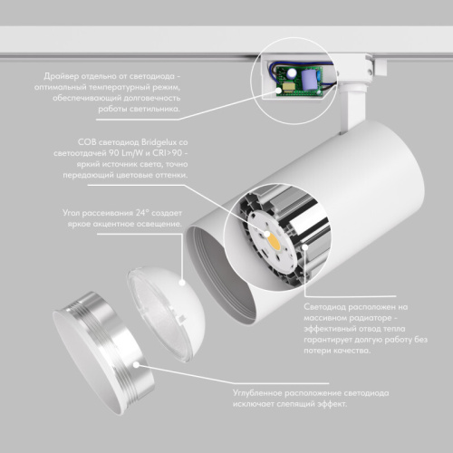 DK6455-WH Трековый светильник SOLID KOPER, 155мм, d80, 220V, LED 3000K, 30W, IP20, белый, алюминий фото 5