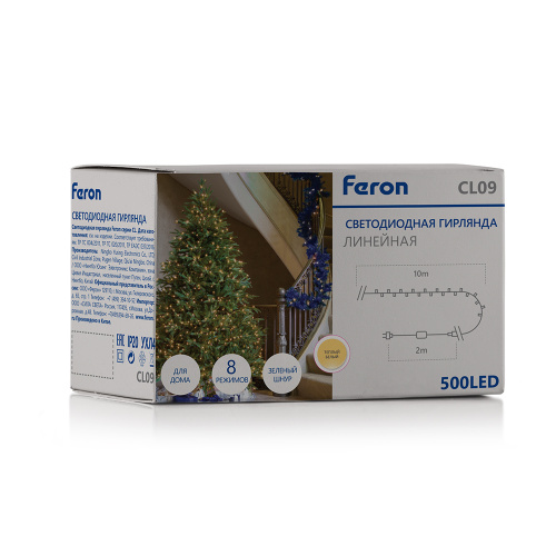 Светодиодная гирлянда Кластер Feron CL09 линейная 10м + 2м 230V 2700К, c питанием от сети, зеленый шнур фото 7