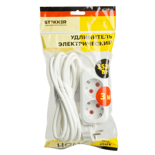 Удлинитель двухместный с/з  STEKKER HM06-21-03 3x1мм2, 3м, серия Home (У10-001), белый фото 10