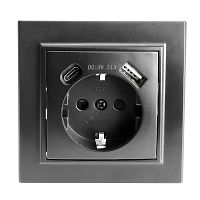 Розетка 1-местная с/з STEKKER, PST16-9016-03, 250В, 16А с USB+ type C, серия Эрна, черный