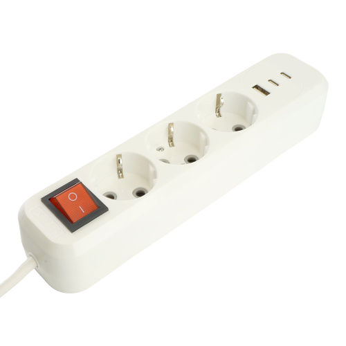 Удлинитель 3-местный с/з с выключ. STEKKER HM071-31-03 3x1мм2, 3м, 250В, 16А, 1USB+2C, 2.4A, сер Home, белый фото 3