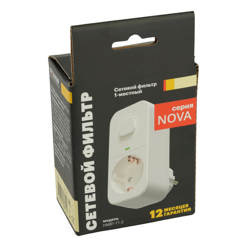 Сетевой фильтр 1-местный с/з STEKKER 250В, 16А, с выключателем, серия Nova, HM81-11-2, белый фото 8