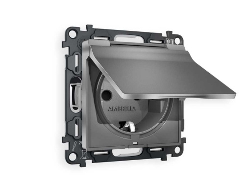 Комплект механизма электрической розетки AMBRELLA VOLT ALFA Антрацит серый с/з с шторками и крышкой IP44 QUANT (AP6580, VM141) MA658010