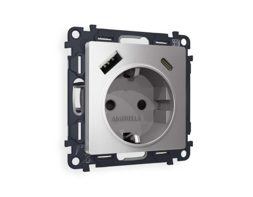 Комплект механизма электрической розетки AMBRELLA VOLT ALFA Сталь матовый 2USB A+C 20W (быстрая зарядка) с/з QUANT (AP5100, VM160) MA510010