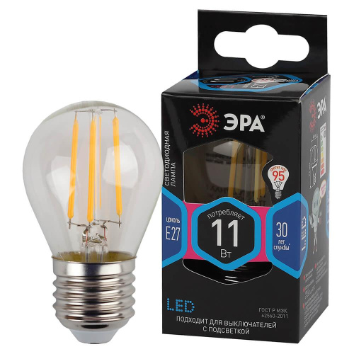 Лампа светодиодная филаментная ЭРА E27 11W 4000K прозрачная F-LED P45-11w-840-E27 Б0047015 фото 3