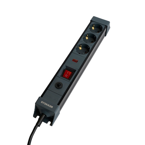 Сетевой фильтр 3-местный с/з STEKKER 3x1мм2, 1,8 м, 250В, 16А, серия Techno, HM22-31-02, черный