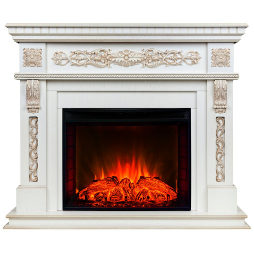 Каминокомплект ESTELLA/ЭЛЛИ Белый дуб с золотой патиной с очагом Электроочаг EVRIKA 25.5