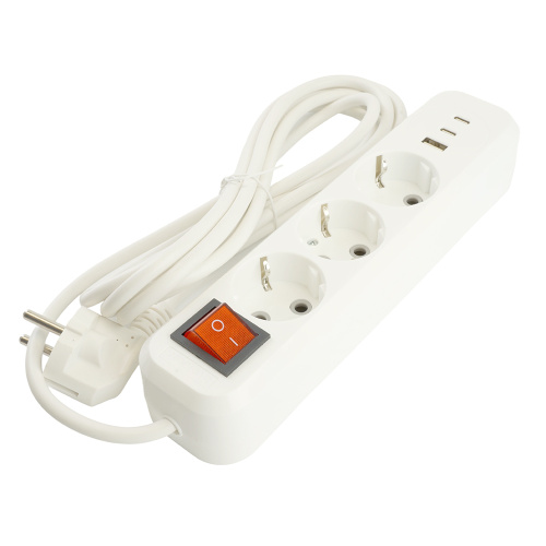Удлинитель 3-местный с/з с выключ. STEKKER HM071-31-03 3x1мм2, 3м, 250В, 16А, 1USB+2C, 2.4A, сер Home, белый фото 2