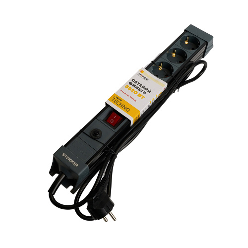 Сетевой фильтр 4-местный с/з STEKKER 3x1мм2, 5 м, 250В, 16А, серия Techno, HM22-41-05, черный фото 10