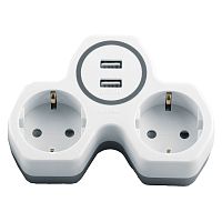 Разветвитель сетевой 2-местный с/з STEKKER ADP16-14-20, 250V, 16A и 2-мя USB выходами на 2,4А, огнеустойчивый пластик, белый/серый