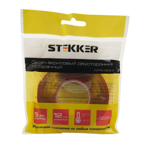 Скотч акриловый двусторонний STEKKER INTP5-0812-5 0,8*12 мм,длина 5м, прозрачный , красная подложка фото 2