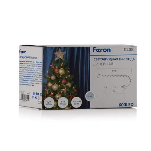 Светодиодная гирлянда Feron CL08 линейная 60м + 3м 230V 5000К, c питанием от сети, зеленый шнур фото 5