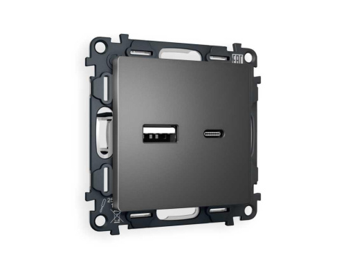 Комплект механизма розетки AMBRELLA VOLT ALFA Антрацит серый 2USB A+C 20W (быстрая зарядка) QUANT (AP6610, VM177) MA661010