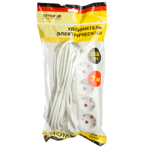 Удлинитель  четырехместный c/з STEKKER HM06-40-07 3x1мм2, 7м, серия Home (У10-429), белый фото 9