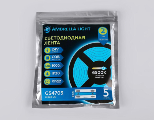 Светодиодная лента Ambrella Light 12W/m 480LED/m COB холодный белый 5M GS4703 фото 6