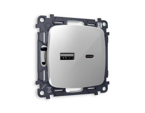 Комплект механизма розетки AMBRELLA VOLT OMEGA Серебро глянец 2USB A+C 20W (быстрая зарядка) QUANT (OP4110, VM177) MO411010