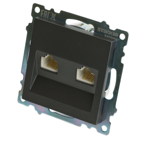 Розетка компьютерная 2-местная RJ-45 (механизм) STEKKER GLS00-7109-06 , серия Катрин, графит фото 3