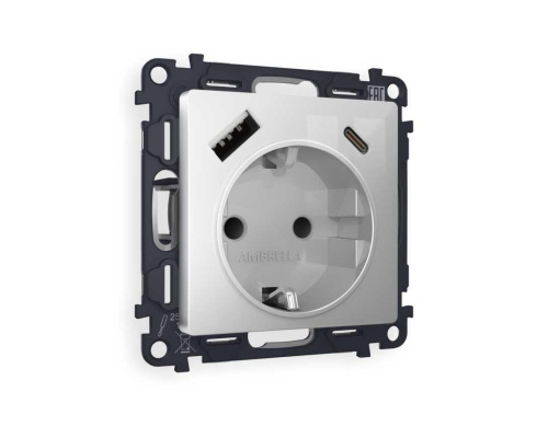 Комплект механизма электрической розетки AMBRELLA VOLT ALFA Серебро глянец 2USB A+C 20W (быстрая зарядка) с/з QUANT (AP4100, VM160) MA410010