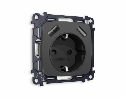 Комплект механизма электрической розетки AMBRELLA VOLT OMEGA Графит мягкое касание 2USB A+A 18W (быстрая зарядка) с/з QUANT (OP9090, VM155) MO909010