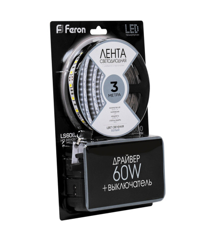 Светодиодная LED лента Feron LS606, 60SMD(5050)/m 14.4W/m 12V 3m 6500К с адаптером с вилкой в комплекте фото 2