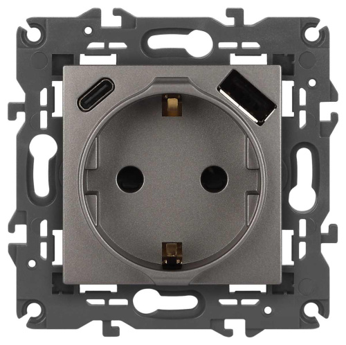 Розетка ЭРА Elegance 14-4108-16 2P+E 16A-250В со шторками с USB type-A+C 5В-3А титан Б0067695