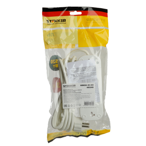 Удлинитель трехместный с/з  STEKKER HM06-31-03 3x1мм2, 3м, серия Home (У10-002), белый фото 4