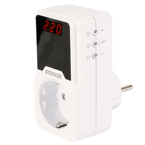 Реле напряжения для розетки регулируемое  STEKKER  VPR-200W, 230В,16A,белый