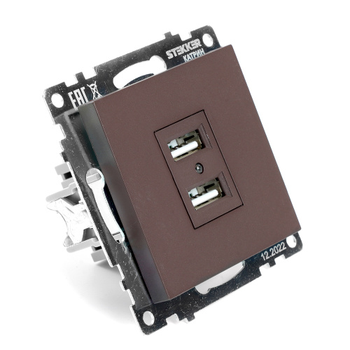 Розетка USB 2-местная (механизм), STEKKER GLS10-7115-04, 250B, 2,1А, серия Катрин, шоколад фото 5