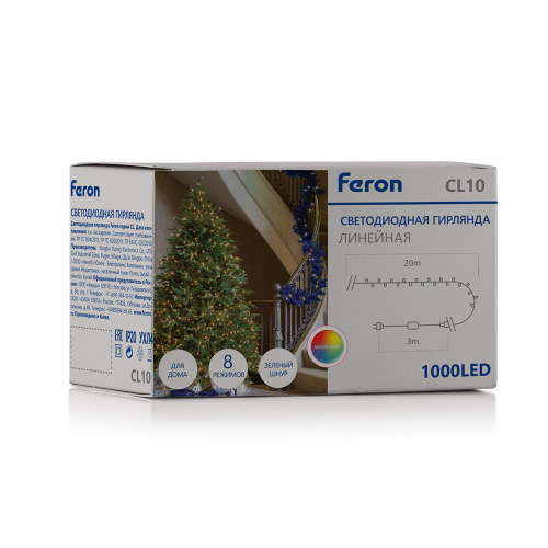 Светодиодная гирлянда Кластер Feron CL10 линейная 20м + 3м 230V мультиколор, c питанием от сети, зеленый шнур фото 7