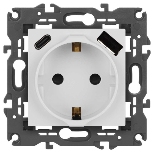 Розетка ЭРА Elegance 14-4108-01 2P+E 16A-250В со шторками с USB type-A+C 5В-3А белый Б0067736
