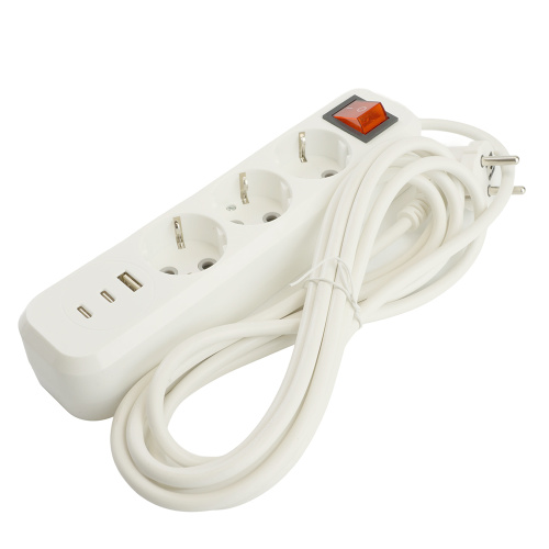 Удлинитель 3-местный с/з с выключ. STEKKER HM071-31-03 3x1мм2, 3м, 250В, 16А, 1USB+2C, 2.4A, сер Home, белый фото 5