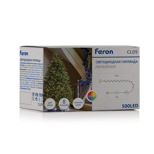 Светодиодная гирлянда Кластер Feron CL09 линейная 10м + 2м 230V мультиколор, c питанием от сети, зеленый шнур фото 7