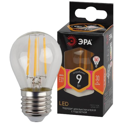 Лампа светодиодная филаментная ЭРА E27 9W 2700K прозрачная F-LED P45-9w-827-E27 Б0047023 фото 2