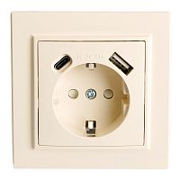 Розетка 1-местная с/з STEKKER, PST16-9016-02, 250В, 16А с USB+ type C, серия Эрна, слоновая кость