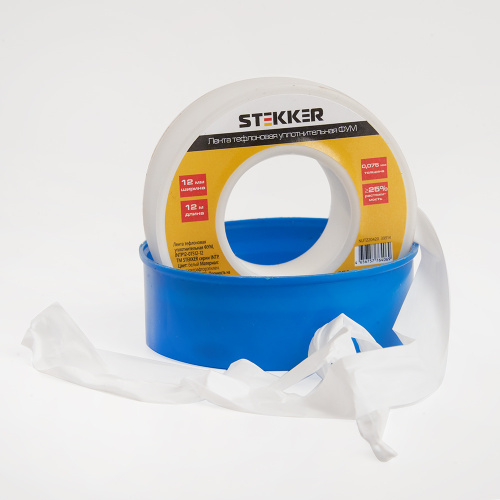 Лента уплотнительная тефлоновая ФУМ STEKKER 0,3 г/м3, 0,075*12 мм, 12 м. белая INTP12-07512-12 фото 2