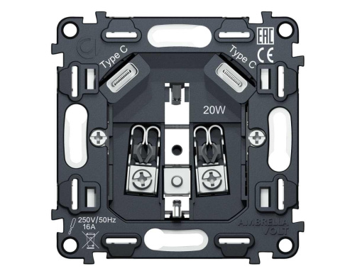 Механизм электрической розетки 2USB С+C 20W (быстрая зарядка) AMBRELLA VOLT VM VM165 Механизм электрической розетки 2USB С+C 20W (быстрая зарядка) AMBRELLA VOLT VM VM165
