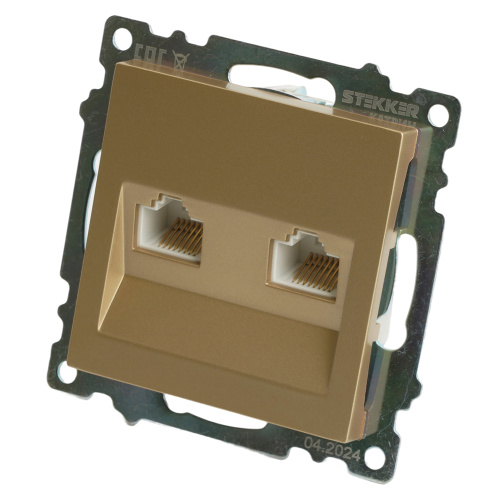 Розетка компьютерная 2-местная RJ-45 (механизм) STEKKER GLS00-7109-08, серия Катрин, золото фото 2