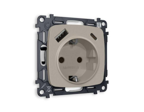 Комплект механизма электрической розетки AMBRELLA VOLT OMEGA Серо-бежевый матовый 2USB A+C 20W (быстрая зарядка) с/з QUANT (OP3700, VM160) MO370010