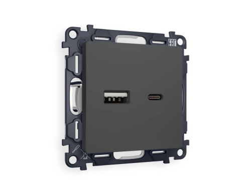 Комплект механизма розетки AMBRELLA VOLT ALFA Графит мягкое касание 2USB A+C 20W (быстрая зарядка) QUANT (AP9110, VM177) MA911010