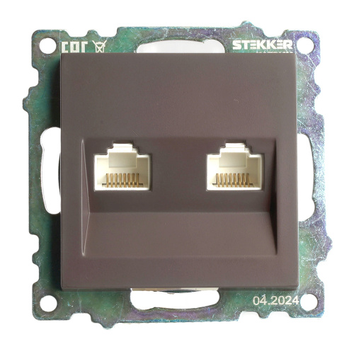 Розетка компьютерная 2-местная RJ-45 (механизм) STEKKER GLS00-7109-04, серия Катрин, шоколад фото 7