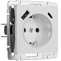 Розетка с заземлением, шторками и USB тип A+C (белый акрил) W1171741