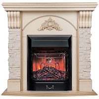 Каминокомплект ATHENA/АТЛАНТА Бежевый дуб с золотой патиной с очагом Электроочаг MAJESTIC LUX/МАДЖЕСТИК