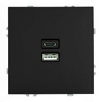 Розетка 2-местная USB + Type C (механизм), STEKKER, 250В, 20W, серия Эмили, RST10-5115-05, черный уголь, soft touch