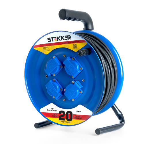 Удлинитель на металлической катушке с/з 4-местный Stekker, PRF02-41-20, 20м, 3*2,5, серия Professional, синий фото 2