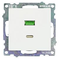 Розетка USB 2-местная + type C (механизм), STEKKER GLS10-7116-01, 250В, 3А, max 20W, серия Катрин, белый