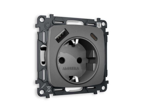 Комплект механизма электрической розетки AMBRELLA VOLT OMEGA Антрацит серый 2USB A+C 20W (быстрая зарядка) с/з QUANT (OP6600, VM160) MO660010