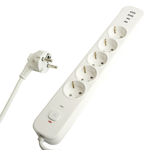 Сетевой фильтр 5-местный с/з STEKKER 3x1мм2, 3 м, 250В, 16А, 2 USB-A+2 Type-C 3, серия Nova, белый