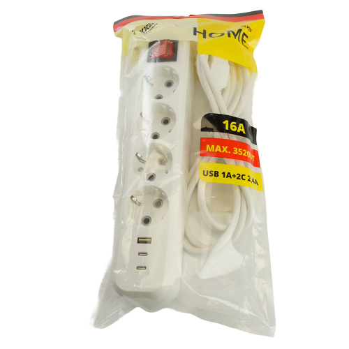 Удлинитель 4-местный с/з с выключ. STEKKER HM071-41-02 3x1мм2, 2м, 250В, 16А, 1USB+2C, 2.4A, сер Home, белый фото 9